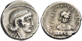 M. Plaetorius M. f. Cestianus. Denarius 69, AR 3.85 g. Draped female bust r.; behind, unidentified symbol. Rev. M PLAETORI CEST S·C Half-length bust o...