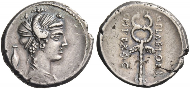 M. Plaetorius M. f. Cestianus. Denarius 69. AR 3.85 g. Draped female bust r., ha...