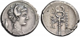 M. Plaetorius M. f. Cestianus. Denarius 69. AR 3.85 g. Draped female bust r., hair decorated with poppy-heads; behind, jug. Rev. M·PLAETORI – CEST·EX·...