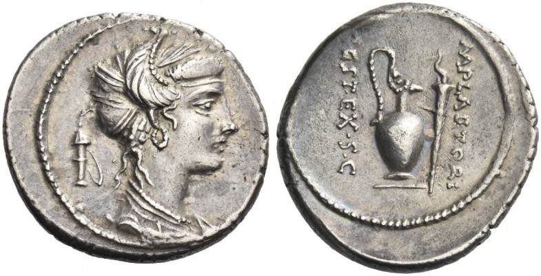 M. Plaetorius M. f. Cestianus. Denarius 69. AR 3.92 g. Draped female bust r., ha...