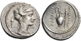M. Plaetorius M. f. Cestianus. Denarius 69. AR 3.92 g. Draped female bust r., hair decorated with poppy-heads; behind, quiver. Rev. Jug and torch; on ...