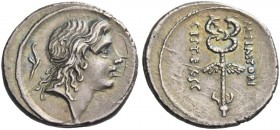 M. Plaetorius M. f. Cestianus. Denarius 69, AR 3.90 g. Male head r., with flowing hair; behind, acrostolium. Rev. M·PLAETORI – CEST·EX·S·C Winged cadu...