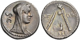 P. Sulpicius Galba. Denarius 69, AR 3.82 g. Veiled and diademed head of Vesta r.; behind, S·C. Rev. AED – CVR Knife, culullus and axe. In exergue, P·G...