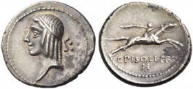 C. Calpurnius Piso L. f. Frugi. Denarius 67, AR 3.83 g. Head of Apollo l., hair bound with fillet; behind, S:. Rev. Horseman galloping r., carrying pa...