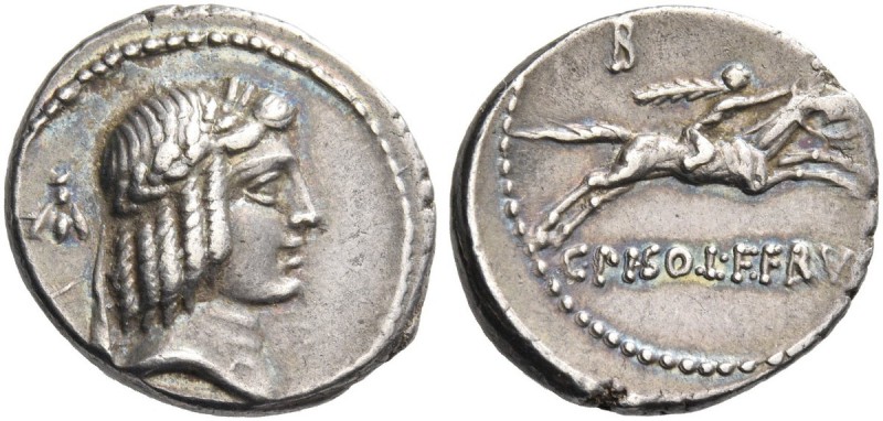 C. Calpurnius Piso L. Frugi. Denarius 67, AR 3.90 g. Laureate head of Apollo r.;...