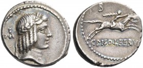C. Calpurnius Piso L. Frugi. Denarius 67, AR 3.90 g. Laureate head of Apollo r.; behind, bee. Rev. Horseman galloping r., holding palm branch; above, ...