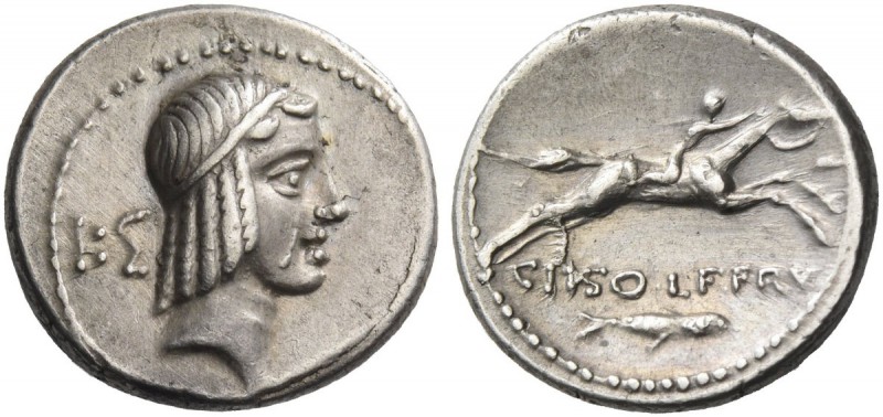 C. Calpurnius Piso L. Frugi. Denarius 67, AR 3.87 g. Laureate head of Apollo r.;...