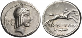 C. Calpurnius Piso L. Frugi. Denarius 67, AR 3.87 g. Laureate head of Apollo r.; behind, IS. Rev. Horseman galloping r., holding palm branch; above, B...