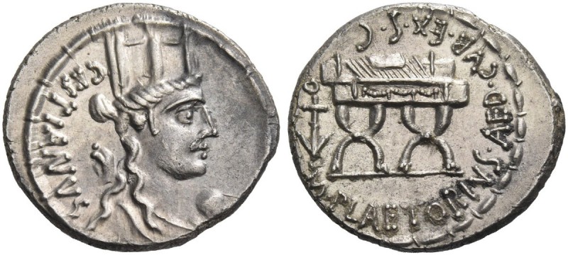 M. Plaetorius M. f. Cestianus. Denarius 67, AR 4.05 g. CESTIANVS Bust of Cybeles...