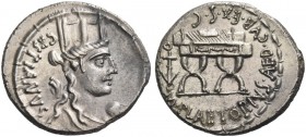 M. Plaetorius M. f. Cestianus. Denarius 67, AR 4.05 g. CESTIANVS Bust of Cybeles r.; behind, forepart of lion. Before chin, globe. Bead and reel borde...