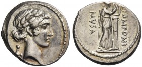 Q. Pomponius Musa. Denarius 66, AR 4.12 g. Laureate head of Apollo r.; behind, lyre-key. Rev. Q·POMPONI – MVSA Calliope standing r., playing lyre rest...