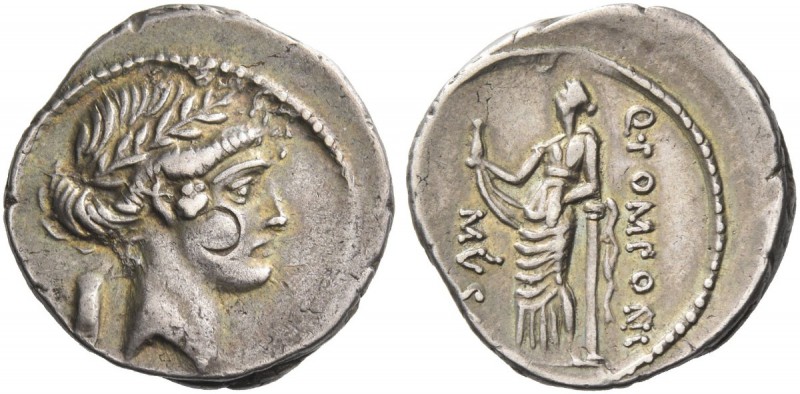 Q. Pomponius Musa. Denarius 66, AR 3.78 g. Laureate head of Apollo r.; behind, s...