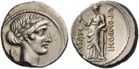 Q. Pomponius Musa. Denarius 66, AR 3.97 g. Laureate head of Apollo r.; behind, scroll. Rev. Q·POMPONI – MVSA Clio standing l., holding scroll in r. ha...