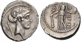 Q. Pomponius Musa. Denarius 66, AR 3.85 g. Laureate head of Apollo r.; behind, sceptre. Rev. Q·PO – MPONI – MVSA Melpomene standing facing, head, r., ...