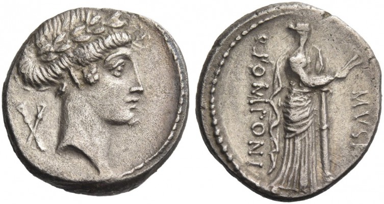 Q. Pomponius Musa. Denarius 66, AR 4.21 g. Laureate head of Apollo r.; behind, t...