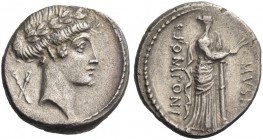 Q. Pomponius Musa. Denarius 66, AR 4.21 g. Laureate head of Apollo r.; behind, two flutes in saltire. Rev. Q ·POMPONI – MVSA Eutherpes standing r., re...
