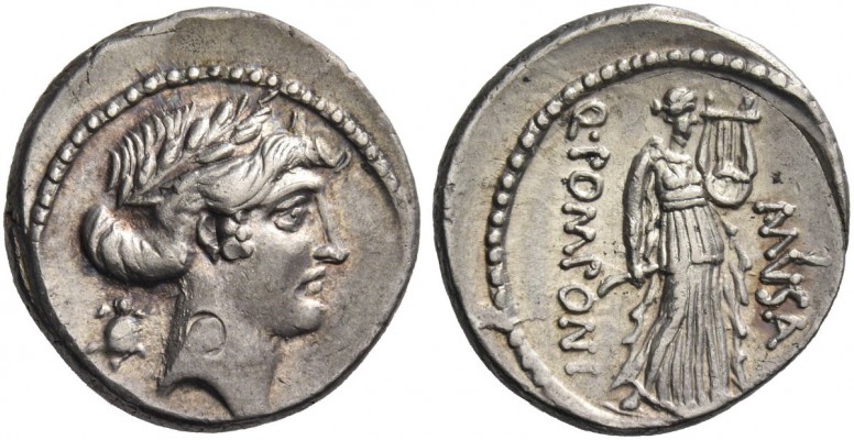 Q. Pomponius Musa. Denarius 66, AR 3.93 g. Laureate head of Apollo r.; behind, t...