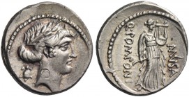 Q. Pomponius Musa. Denarius 66, AR 3.93 g. Laureate head of Apollo r.; behind, tortoise. Rev. Q·POMPONI – MVSA Terpsichore standing r., holding round ...