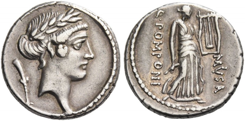 Q. Pomponius Musa. Denarius 66, AR 3.86 g. Laureate head of Apollo r.; behind, f...