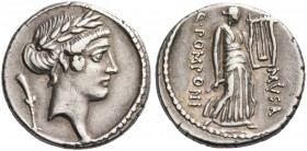 Q. Pomponius Musa. Denarius 66, AR 3.86 g. Laureate head of Apollo r.; behind, flower. Rev. Q·POMPONI – MVSA Terpsichore standing r., holding square l...