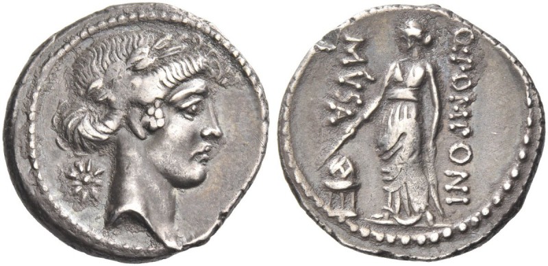 Q. Pomponius Musa. Denarius 66, AR 3.59 g. Laureate head of Apollo r.; behind, s...