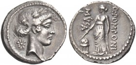 Q. Pomponius Musa. Denarius 66, AR 3.59 g. Laureate head of Apollo r.; behind, star. Rev. Q·POMPONI – MVSA Urania standing l., holding rod which she p...