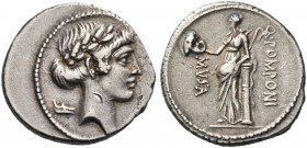 Q. Pomponius Musa. Denarius 66, AR 3.98 g. Laureate head of Apollo r.; behind, sandal. Rev. Q·POMPONI – MVSA Talia standing l. and resting against col...