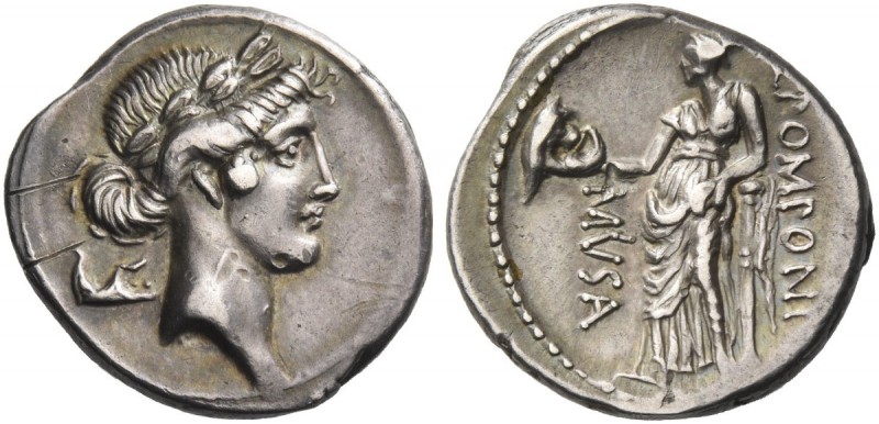 Q. Pomponius Musa. Denarius 66, AR 3.91 g. Laureate head of Apollo r.; behind, s...