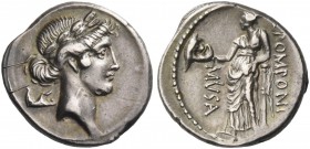 Q. Pomponius Musa. Denarius 66, AR 3.91 g. Laureate head of Apollo r.; behind, sandal. Rev. Q·POMPONI – MVSA Talia standing l. and resting against col...