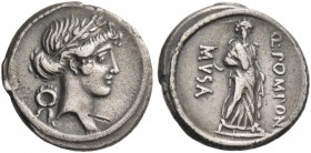 Q. Pomponius Musa. Denarius 66, AR 3.91 g. Laureate head of Apollo r.; behind, wreath. Rev. Q·POMPONI – MVSA Polyhymnia standing facing, wearing wreat...