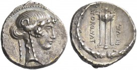 L. Manlius Torquatus. Denarius 65, AR 3.85 g. Ivy-wreathed head of Sybil r.; below neck truncation, [SIBYLLA]. Rev. L·TORQVAT / III·VIR Tripod on whic...