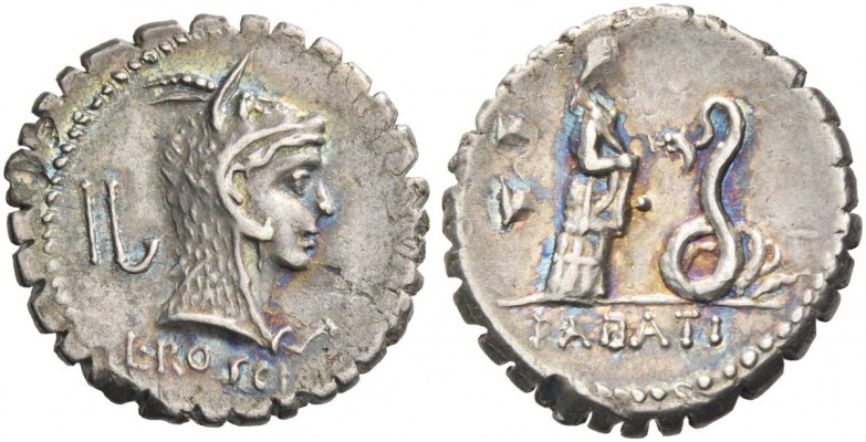 L. Roscius Fabatus. Denarius serratus 64, AR 3.92 g. Head of Juno Sospita r.; be...
