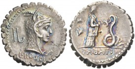 L. Roscius Fabatus. Denarius serratus 64, AR 3.92 g. Head of Juno Sospita r.; behind, uncertain symbols and below neck truncation, L ROSCI. Rev. Girl ...