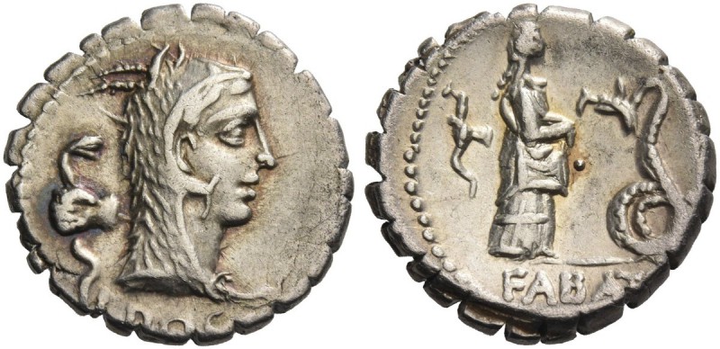 L. Roscius Fabatus. Denarius serratus 64, AR 3.91 g. Head of Juno Sospita r.; be...