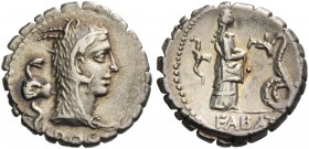 L. Roscius Fabatus. Denarius serratus 64, AR 3.91 g. Head of Juno Sospita r.; behind, hand with snake and below neck truncation, L ROSCI. Rev. Girl st...