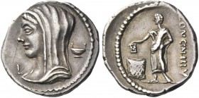 L. Cassius Longinus. Denarius 63, AR 3.85 g. Diademed and veiled head of Vesta l.; below chin, L. In r. field, dish. Rev. LONGIN·III·V Voter standing ...