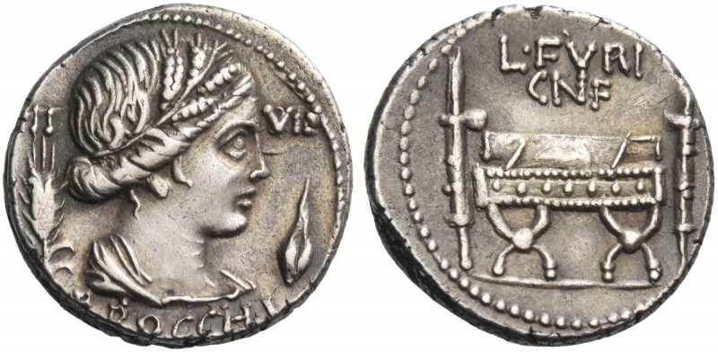 L. Furius Cn. F. Broccus. Denarius 63, AR 3.90 g. III – VIR Head of Ceres r.; at...