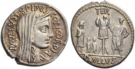 L. Aemilius Paullus Lepidus. Denarius 62, AR 3.96 g. PAVLLVS LEPIDVS – CONCORDIA Diademed and draped bust of Concordia r. Rev. Trophy; to r., togate f...