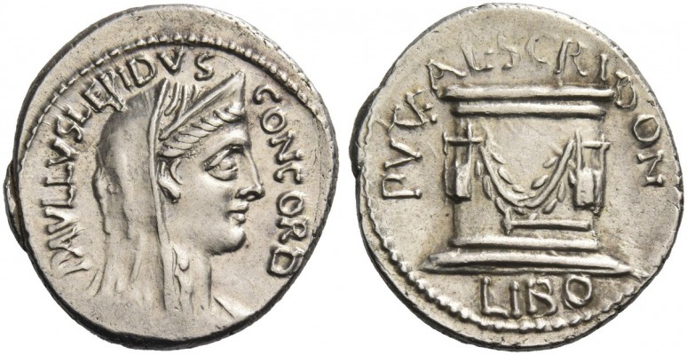 L. Aemilius Paullus Lepidus and L. Scribonius Libo. Denarius 62, AR 3.93 g. PAVL...