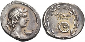 M. Calpurnius Piso M. f. Frugi. Denarius 61, AR 3.88 g. Terminal bust of Mercury r., wearing winged diadem; behind, star / wreath. In r. field, dish. ...