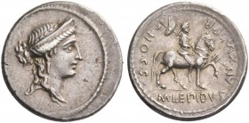 M. Aemilius Lepidus. Denarius 61, AR 4.02 g. Laureate and diademed female head r. Rev. AN·XV PR·H·O·C·S Horseman r., carrying trophy over shoulder. In...