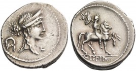 M. Aemilius Lepidus. Denarius 61, AR 3.88 g. Laureate and diademed female head r.; behind, wreath and below chin, simpulum. Rev. Horseman r., carrying...