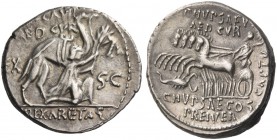 M. Aemilius Scaurus, P. Plautius Hypsaeus. Denarius 58, AR 3.89 g. M·SCAVR / AED·CVR Kneeling figure r., holding olive branch and reins of camel stand...