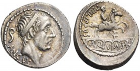 L. Marcius Philippus. Denarius 56, AR 3.90 g. Diademed head of Ancus Marcius r.; behind, lituus and below, [ANCVS]. Rev. PHILIPPVS Equestrian statue s...