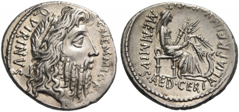C. Memmius C. f. Denarius 56, AR 4.00 g. C·MEMMI·C·F· – QVIRINVS Laureate head o...