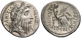 C. Memmius C. f. Denarius 56, AR 4.00 g. C·MEMMI·C·F· – QVIRINVS Laureate head of Quirinus r. Rev. MEMMIVS· AED·CERIALIA·PREIMVS·FECIT Ceres l. seated...