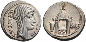 Q. Cassius Longinus. Denarius 55, AR 4.11 g. Q·CASSIVS – VEST Veiled head of Libertas r. Rev. Temple of Vesta with curule chair inside; in l. field, u...