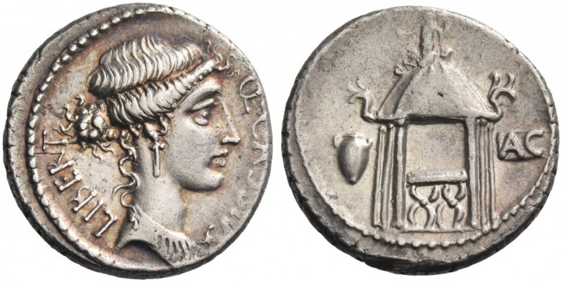 Q. Cassius Longinus. Denarius 55, AR 3.98 g. Q·CASSIVS – LIBERT Head of Libertas...