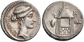 Q. Cassius Longinus. Denarius 55, AR 3.98 g. Q·CASSIVS – LIBERT Head of Libertas r. Rev. Curule chair within temple of Vesta; in l. field, urn and in ...