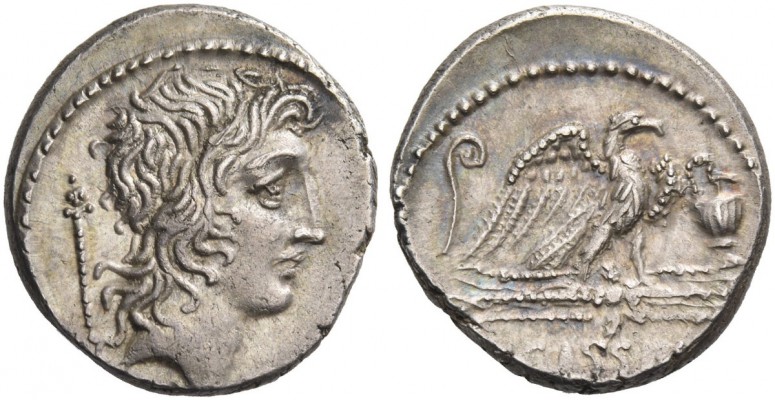 Q. Cassius Longinus. Denarius 55, AR 4.02 g. Head of Genius Populi Romani r.; sc...